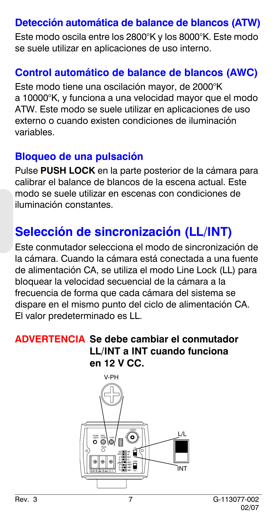Selección de sincronización (ll/int), Detección automática de balance de blancos (atw), Control automático de balance de blancos (awc) | Bloqueo de una pulsación | Honeywell HCC334L User Manual | Page 52 / 120