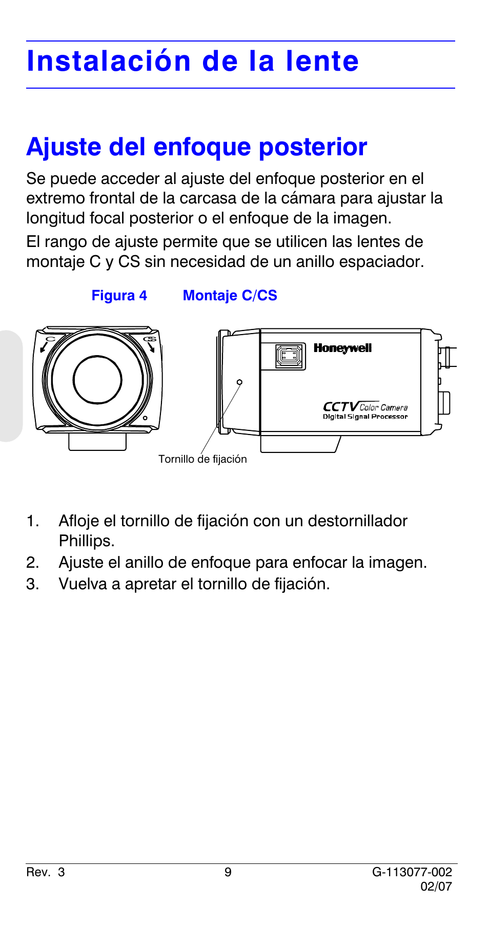 Instalación de la lente, Ajuste del enfoque posterior | Honeywell HCC334L User Manual | Page 54 / 120