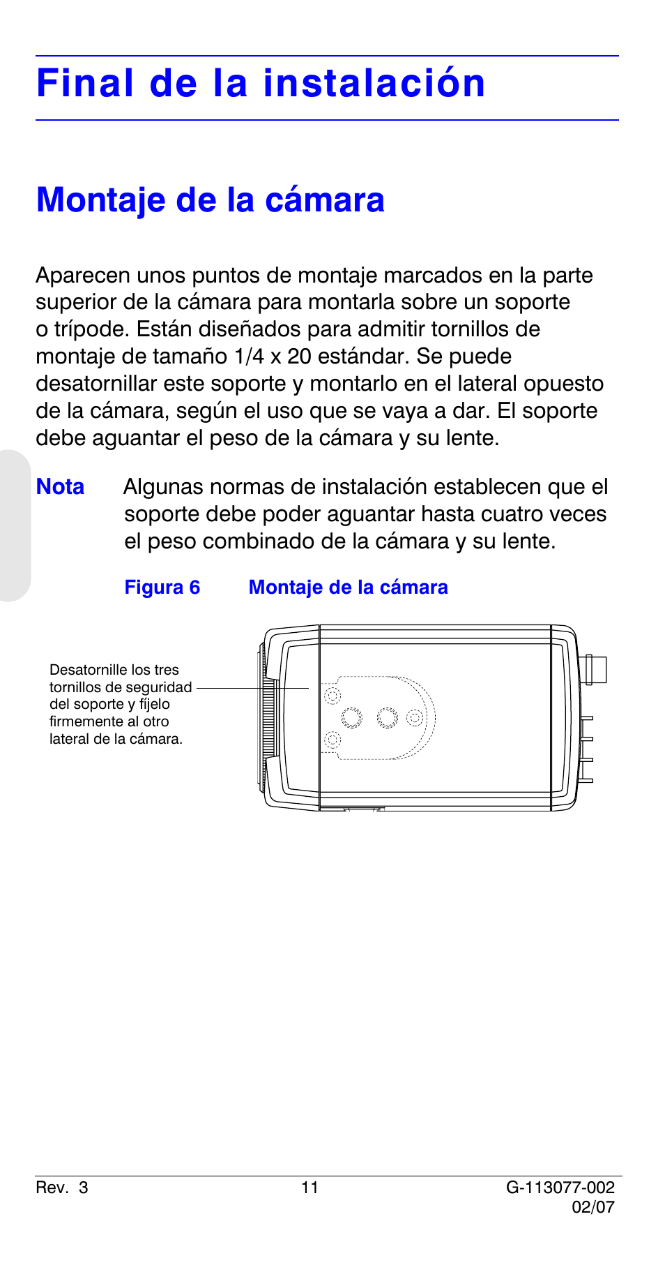 Final de la instalación, Montaje de la cámara | Honeywell HCC334L User Manual | Page 56 / 120