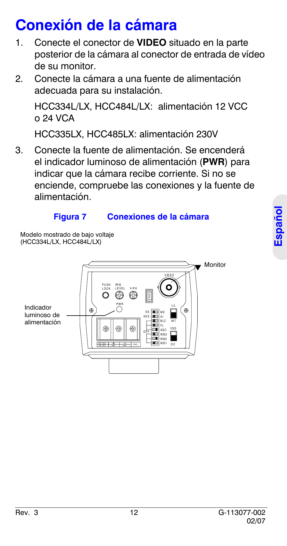 Conexión de la cámara, Español, Figura 7 conexiones de la cámara | Honeywell HCC334L User Manual | Page 57 / 120
