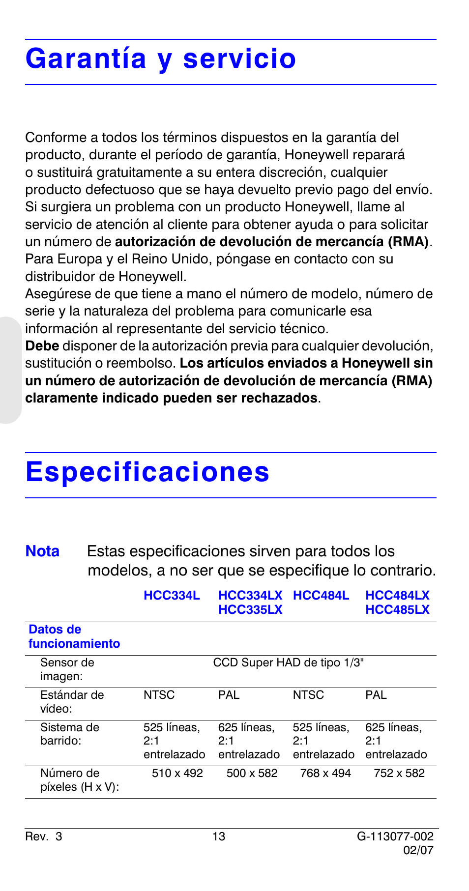 Garantía y servicio, Especificaciones | Honeywell HCC334L User Manual | Page 58 / 120