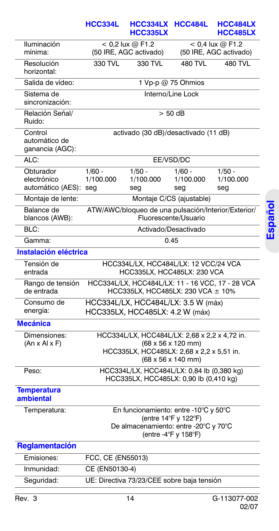 Español | Honeywell HCC334L User Manual | Page 59 / 120