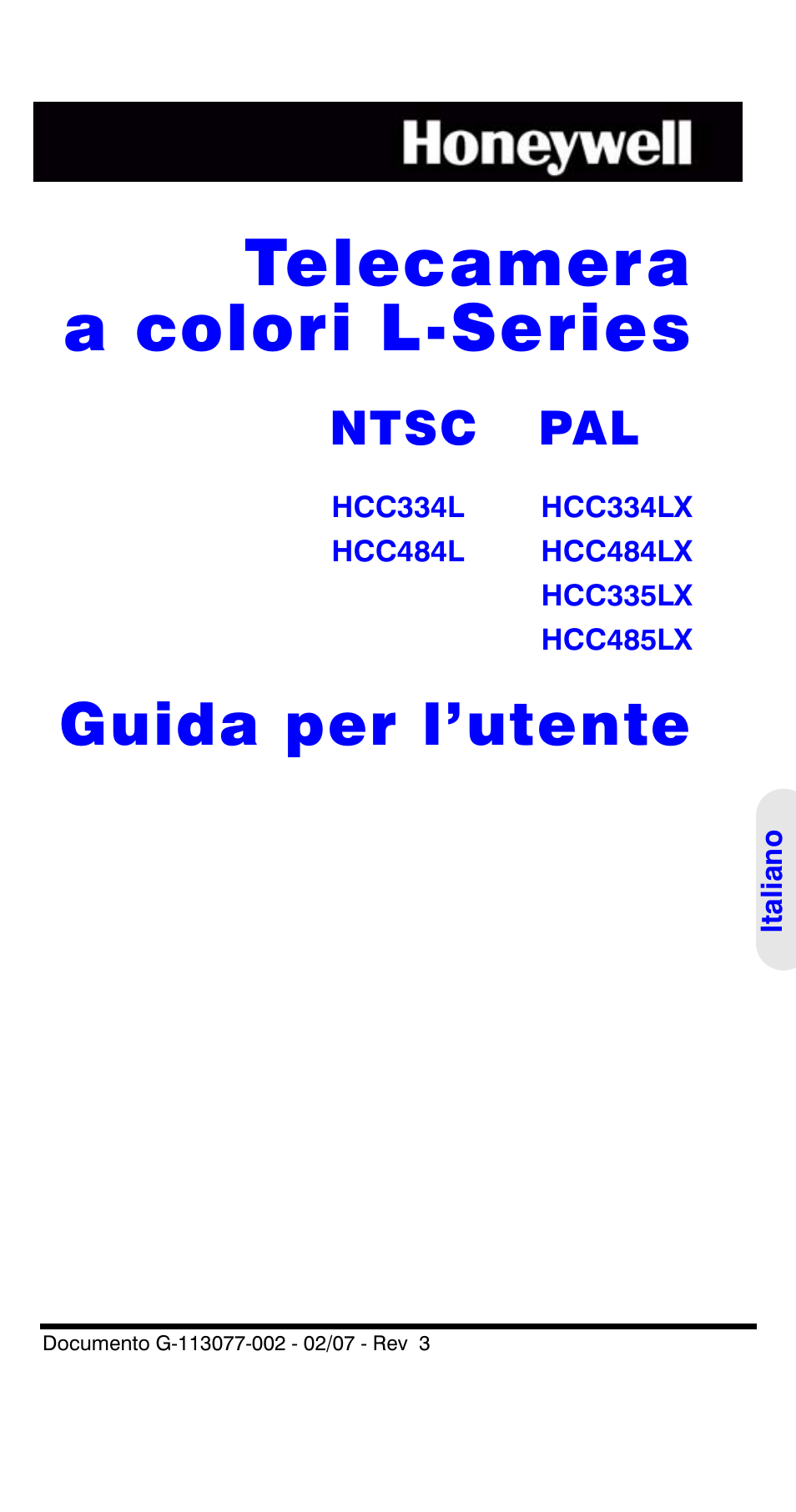 Telecamera a colori l-series, Guida per l’utente, Ntsc pal | Honeywell HCC334L User Manual | Page 61 / 120