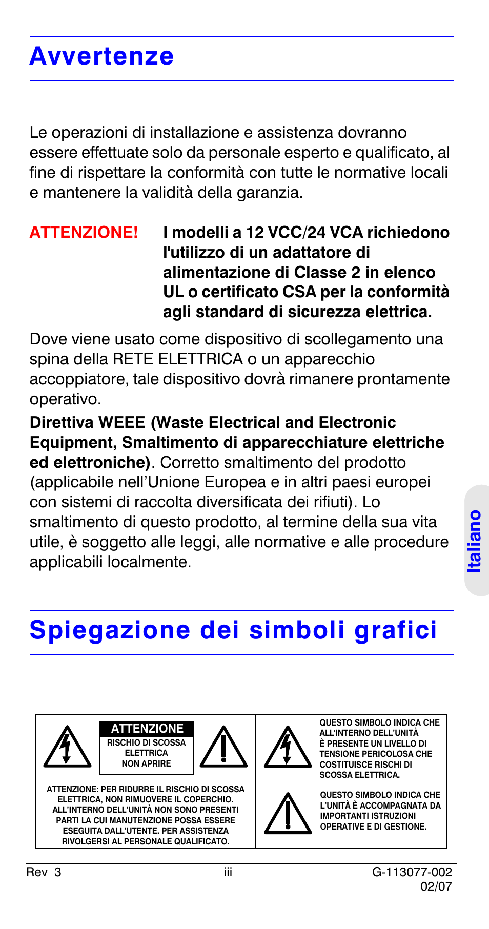 Avvertenze, Spiegazione dei simboli grafici, Italian o | Honeywell HCC334L User Manual | Page 63 / 120