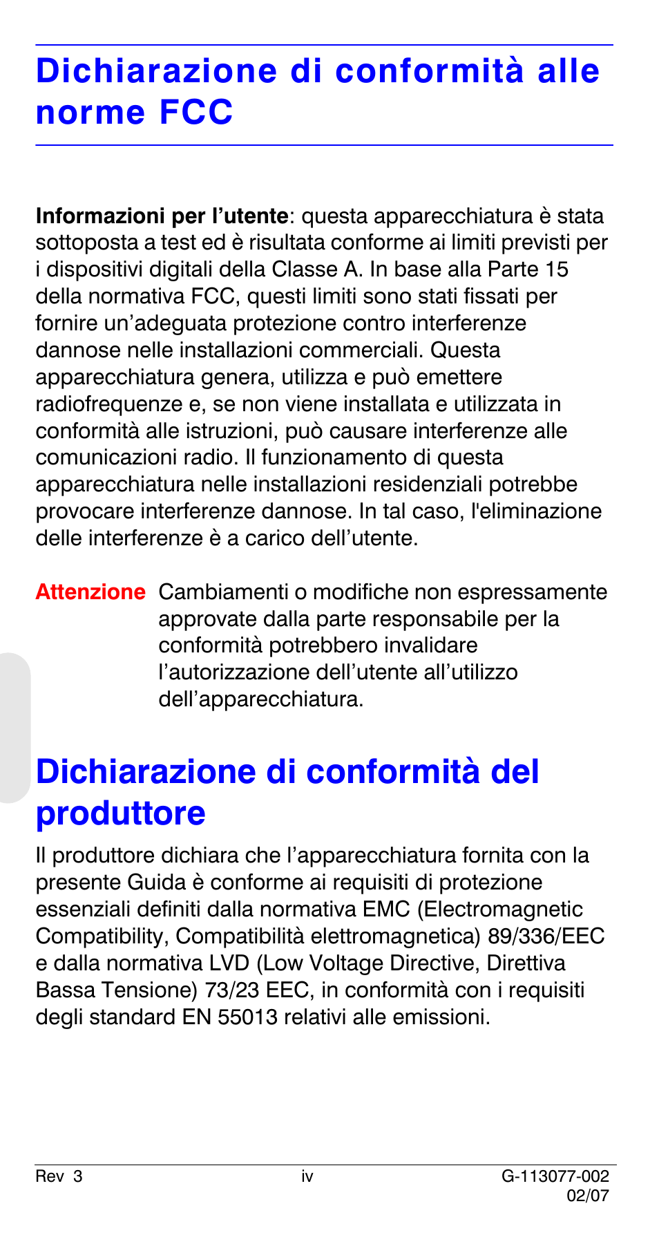 Dichiarazione di conformità alle norme fcc, Dichiarazione di conformità del produttore | Honeywell HCC334L User Manual | Page 64 / 120