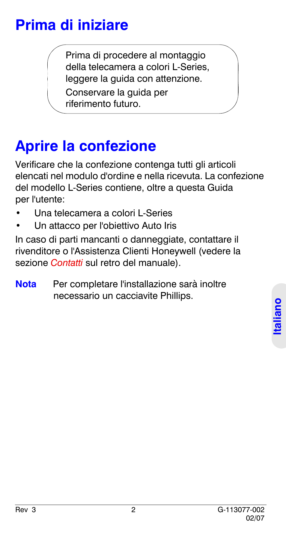 Prima di iniziare, Aprire la confezione, Prima di iniziare aprire la confezione | Honeywell HCC334L User Manual | Page 67 / 120