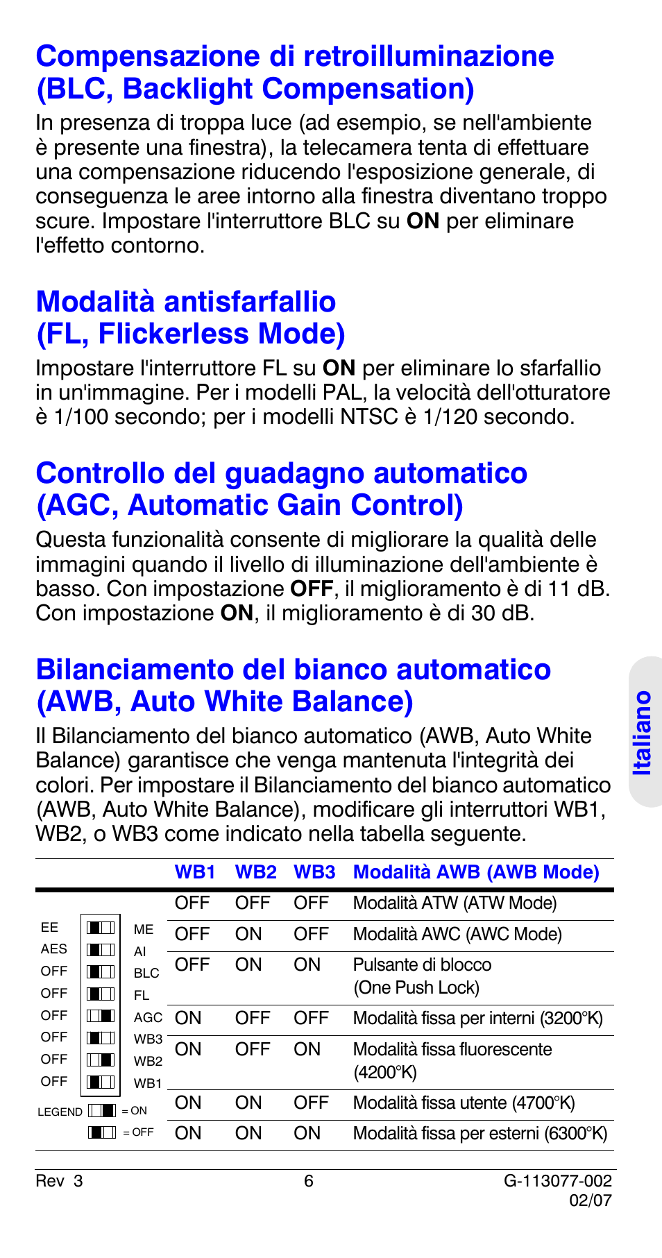 Modalità antisfarfallio (fl, flickerless mode), Italian o | Honeywell HCC334L User Manual | Page 71 / 120