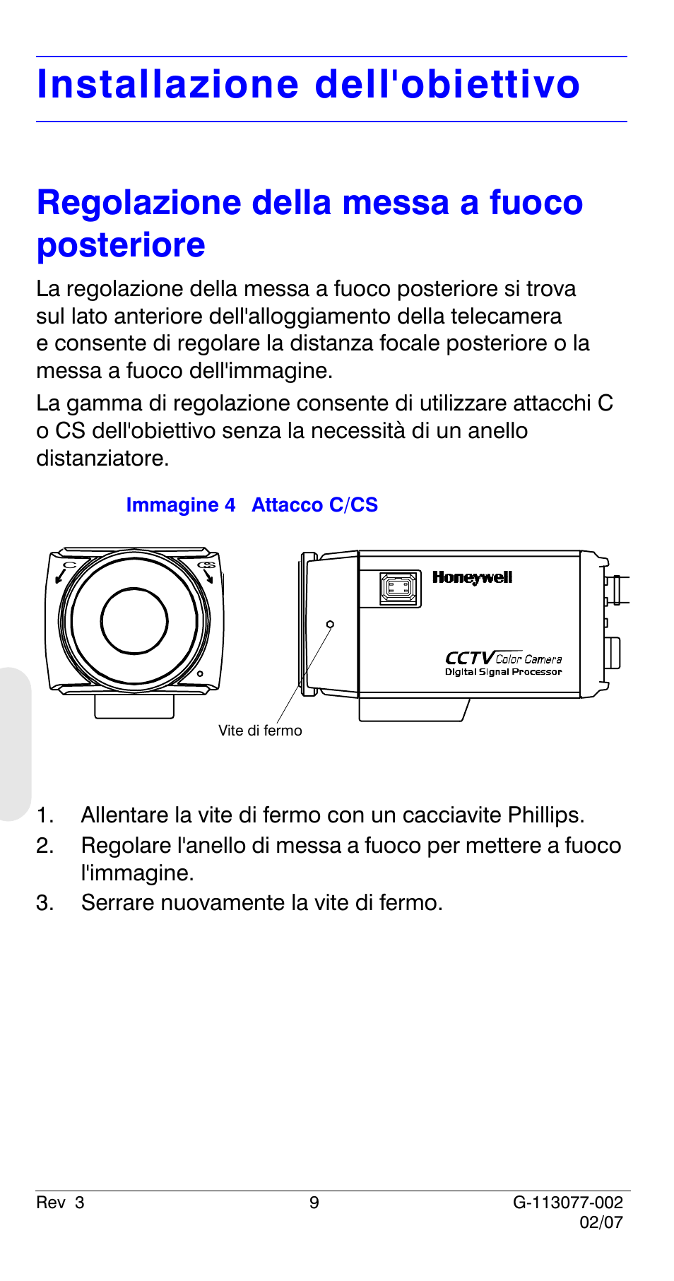 Installazione dell'obiettivo, Regolazione della messa a fuoco posteriore | Honeywell HCC334L User Manual | Page 74 / 120