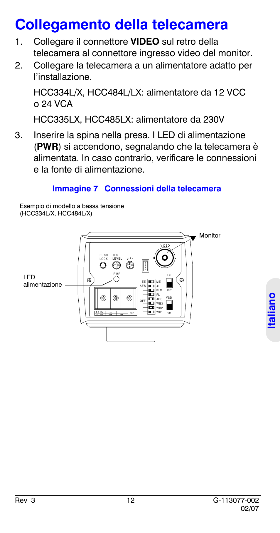 Collegamento della telecamera, Italian o, Immagine 7 connessioni della telecamera | Honeywell HCC334L User Manual | Page 77 / 120