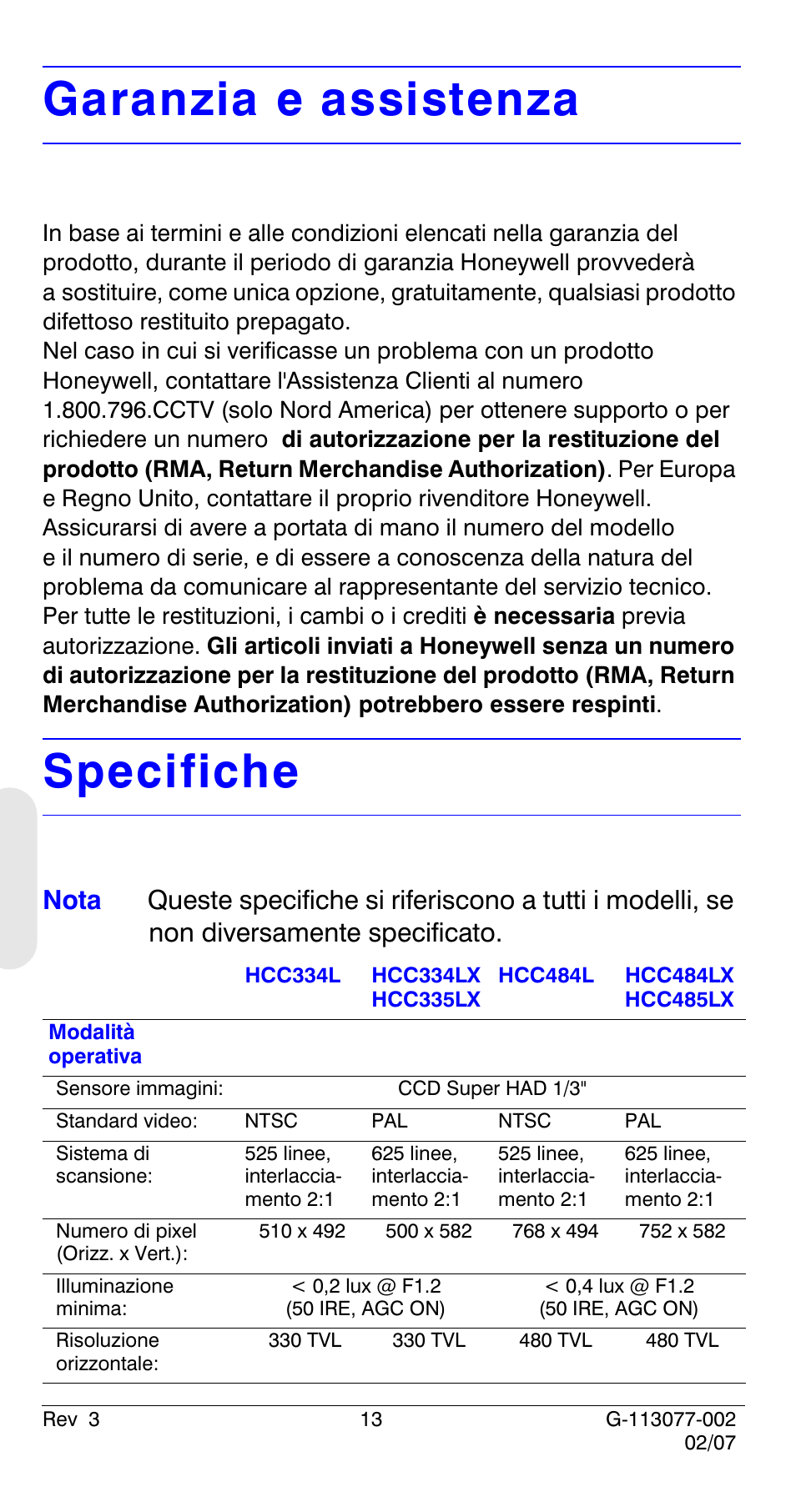 Garanzia e assistenza, Specifiche | Honeywell HCC334L User Manual | Page 78 / 120