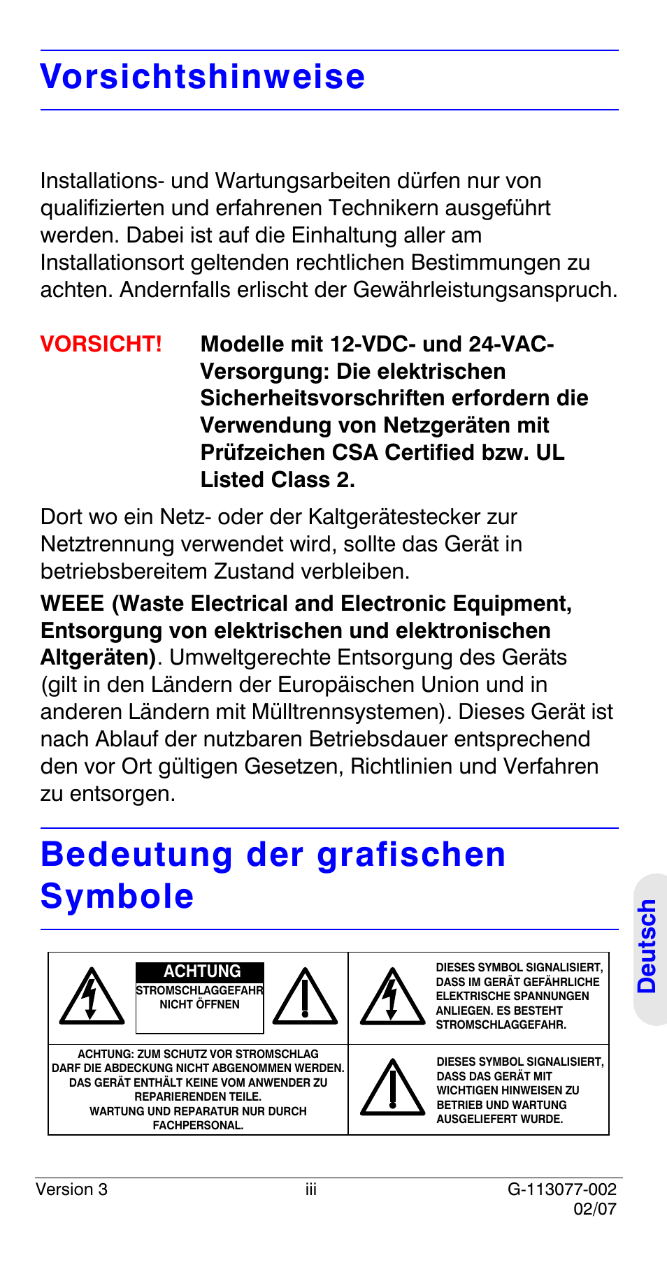 Vorsichtshinweise, Bedeutung der grafischen symbole, Deutsch | Honeywell HCC334L User Manual | Page 83 / 120