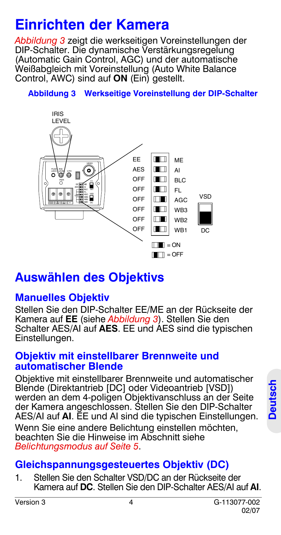 Einrichten der kamera, Auswählen des objektivs, Deutsch | Manuelles objektiv, Gleichspannungsgesteuertes objektiv (dc) | Honeywell HCC334L User Manual | Page 89 / 120