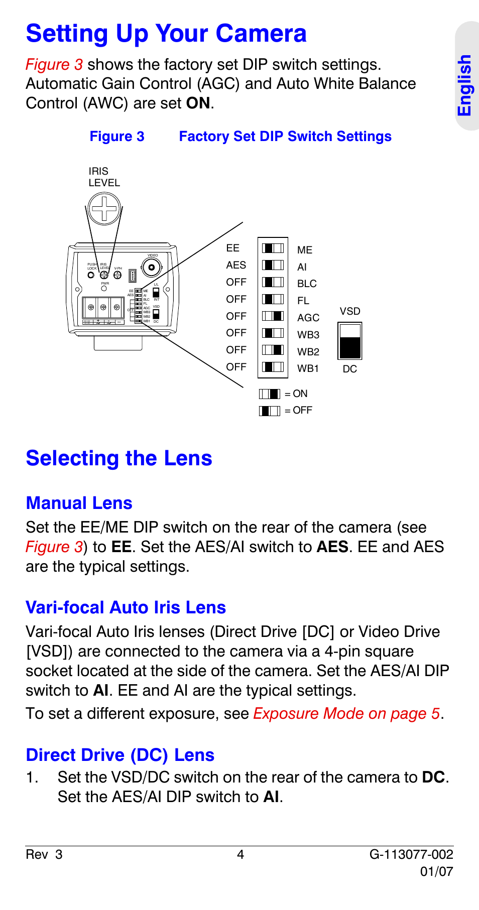 Setting up your camera, Selecting the lens, Eng lish | Manual lens, Vari-focal auto iris lens, Direct drive (dc) lens, Figure 3 factory set dip switch settings | Honeywell HCC334L User Manual | Page 9 / 120