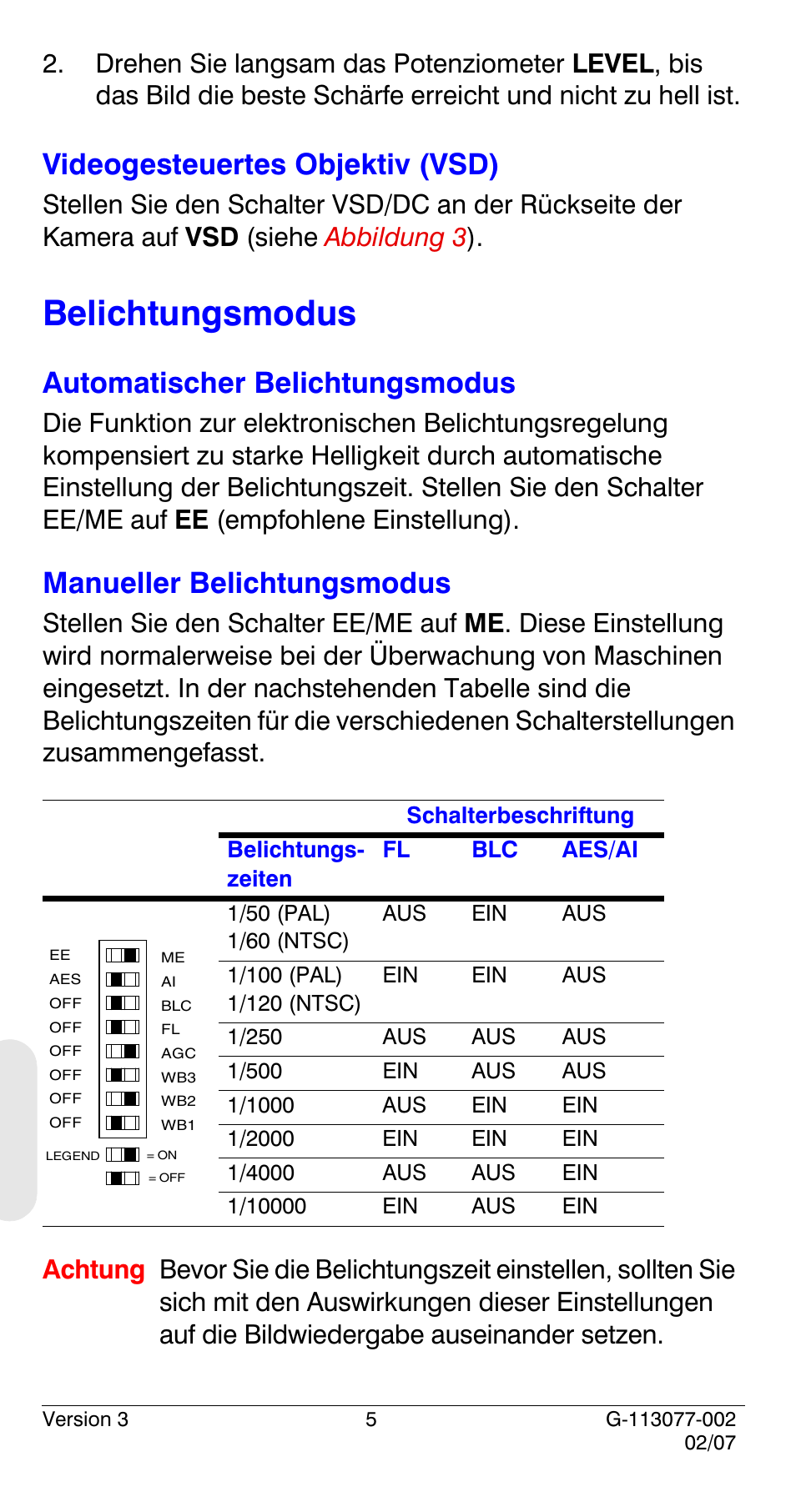 Belichtungsmodus, Videogesteuertes objektiv (vsd), Automatischer belichtungsmodus | Manueller belichtungsmodus | Honeywell HCC334L User Manual | Page 90 / 120