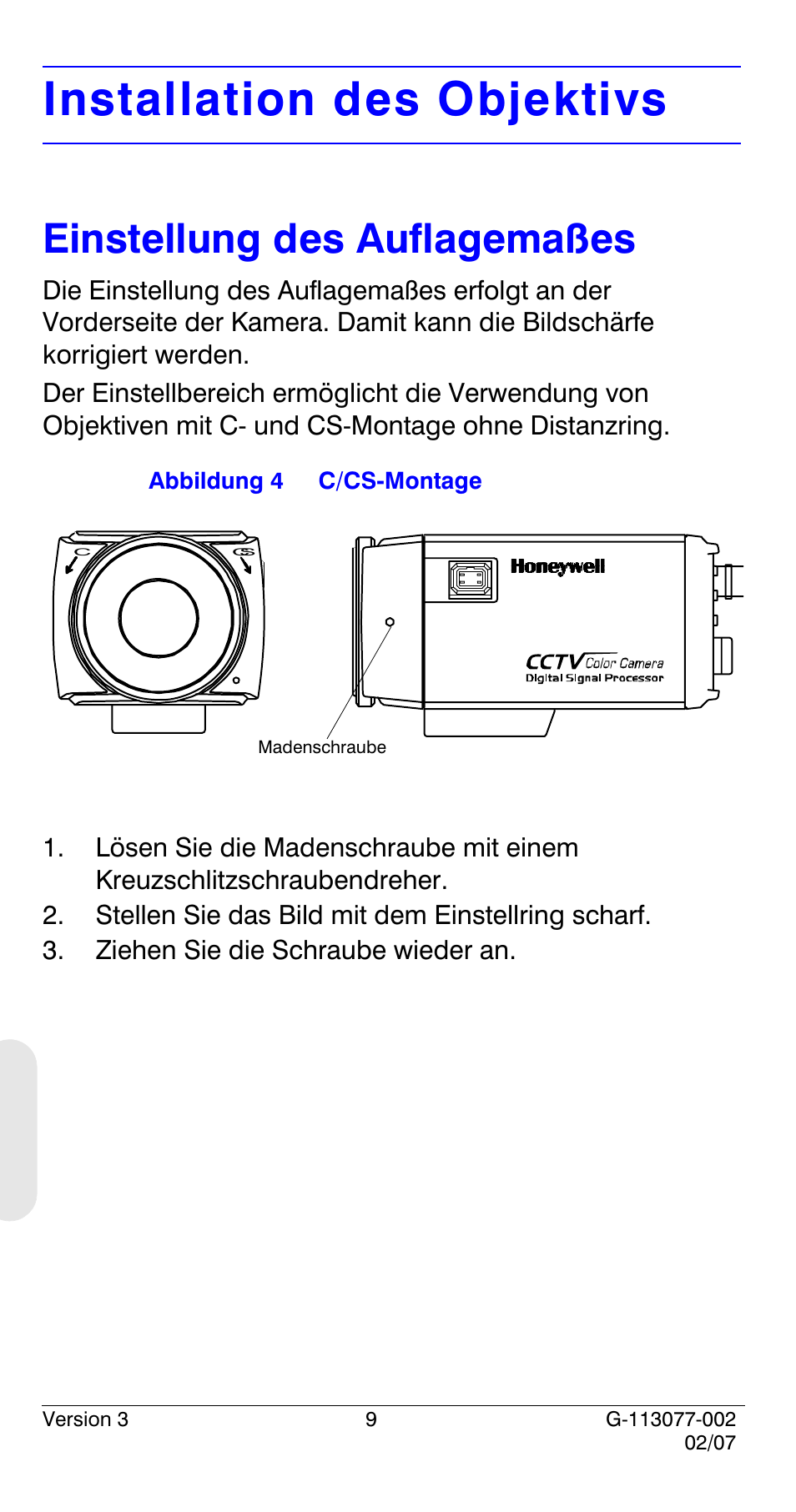 Installation des objektivs, Einstellung des auflagemaßes | Honeywell HCC334L User Manual | Page 94 / 120