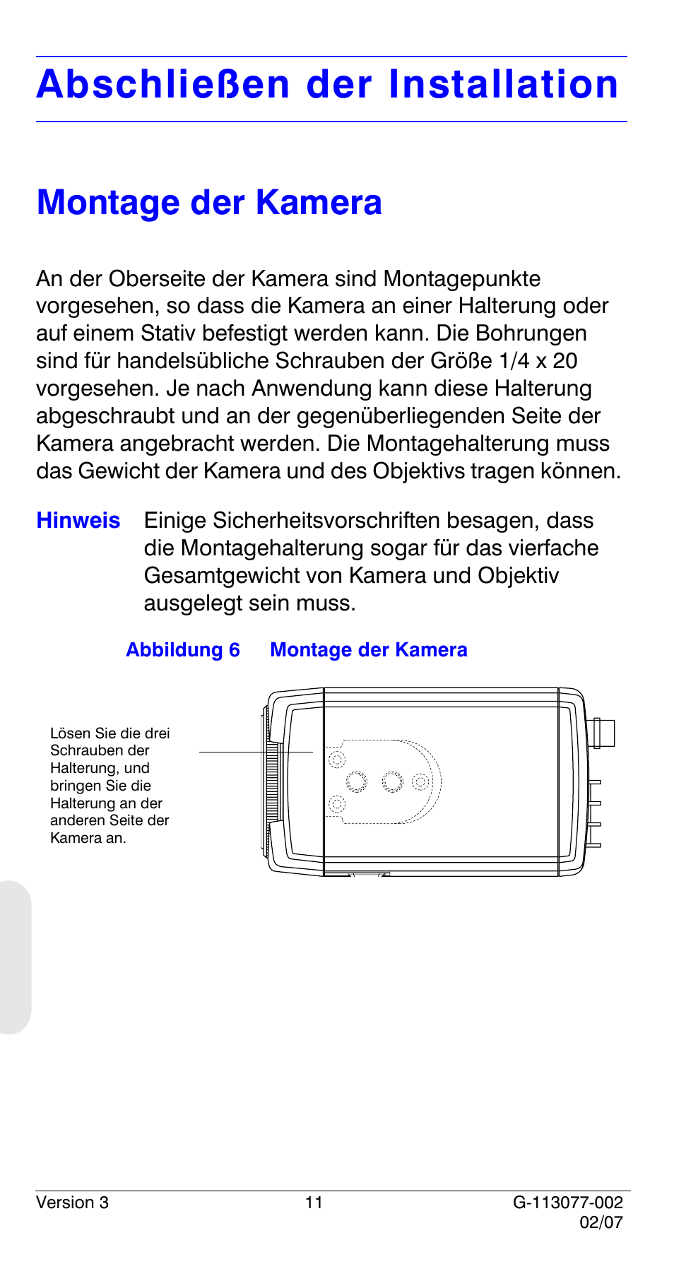 Abschließen der installation, Montage der kamera | Honeywell HCC334L User Manual | Page 96 / 120