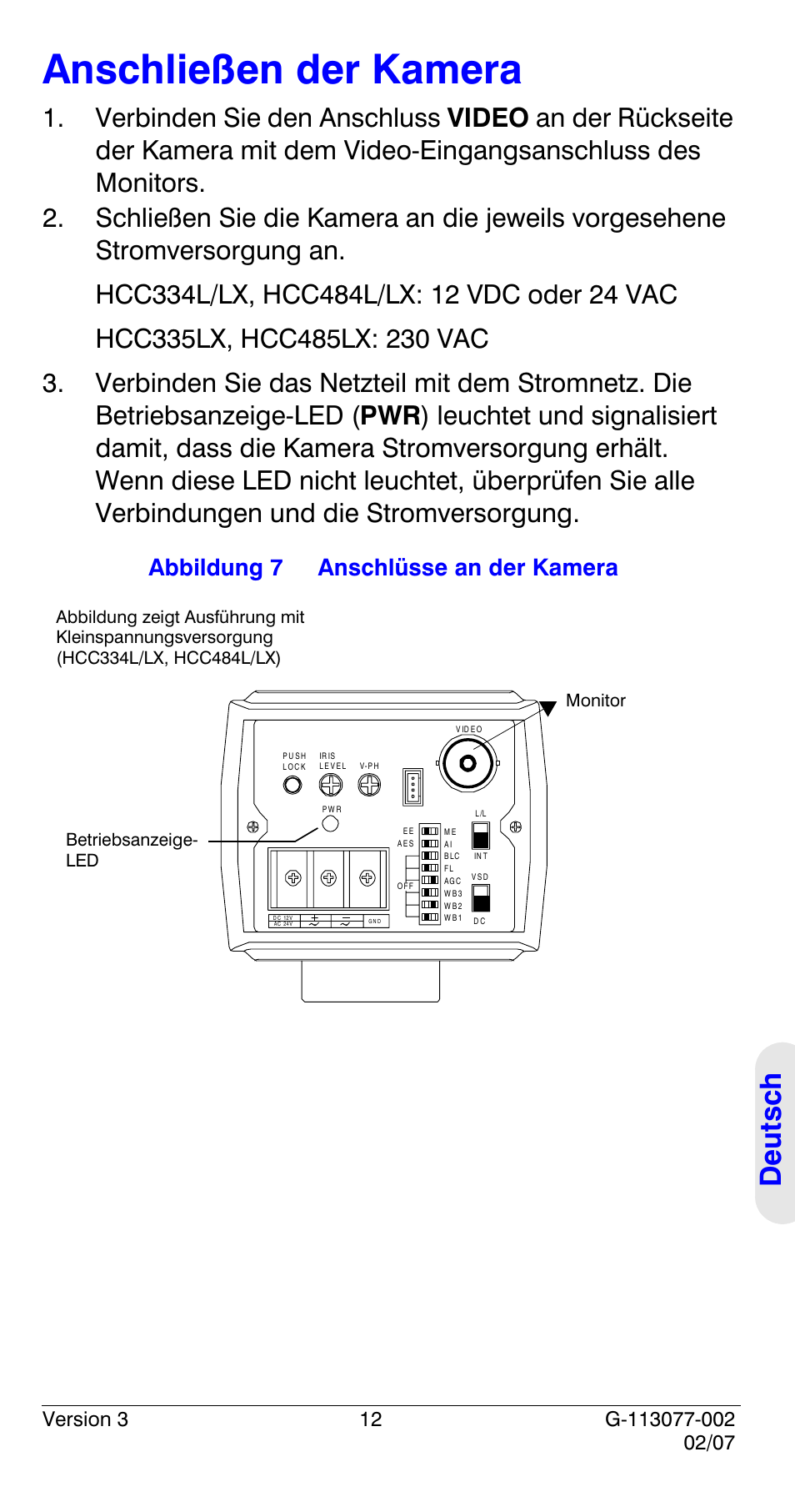 Anschließen der kamera, Deutsch, Abbildung 7 anschlüsse an der kamera | Honeywell HCC334L User Manual | Page 97 / 120