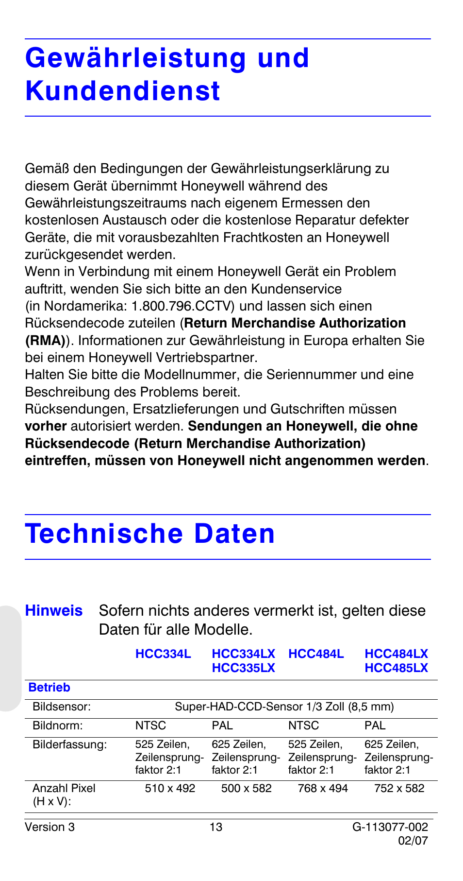 Gewährleistung und kundendienst, Technische daten | Honeywell HCC334L User Manual | Page 98 / 120