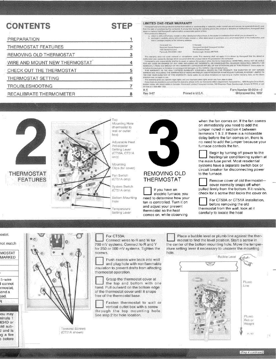 Thermostat, Features, Removing old thermostat | Contents step, Thermostat features | Honeywell CT5OC User Manual | Page 2 / 4