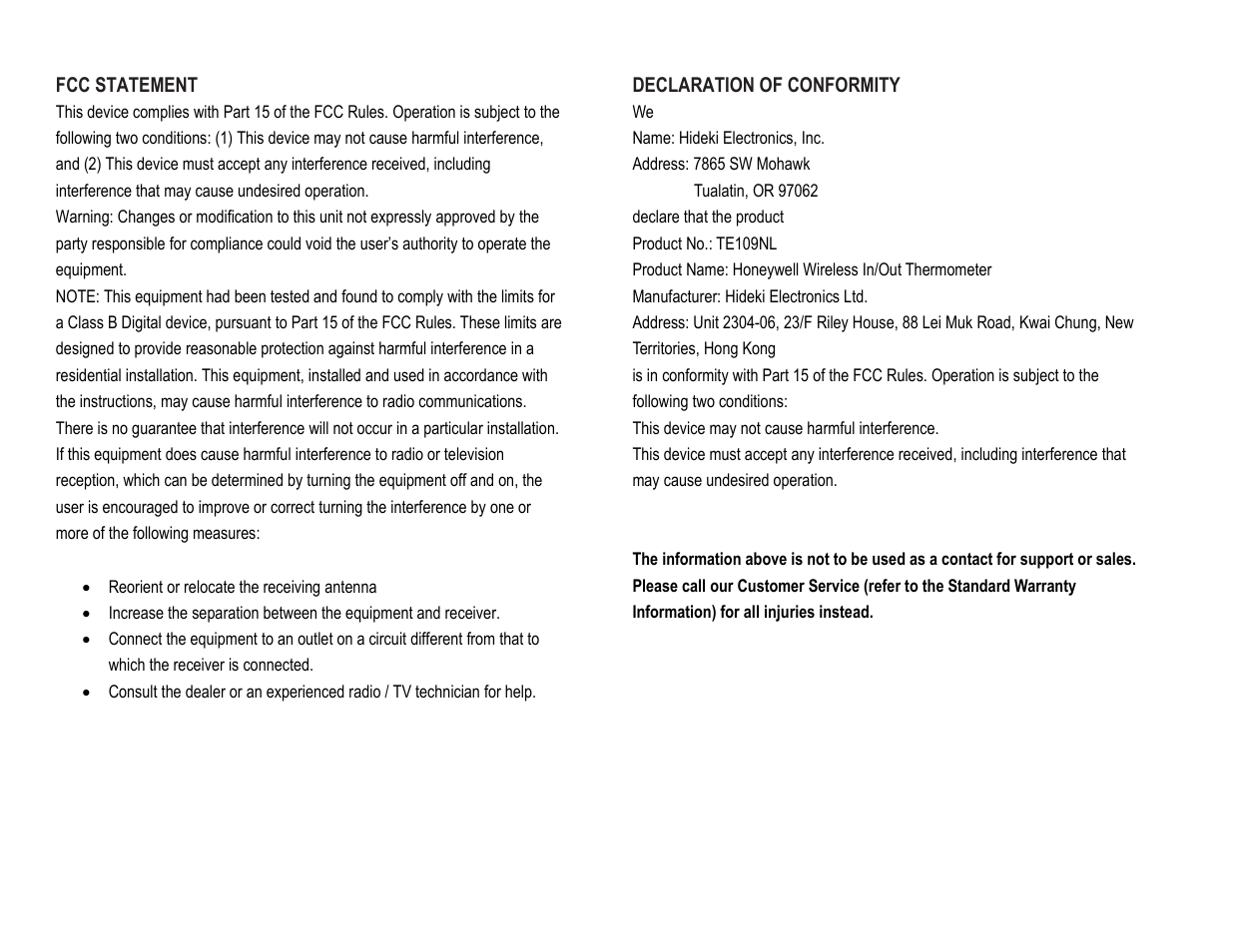 Honeywell TE109NL User Manual | Page 9 / 10