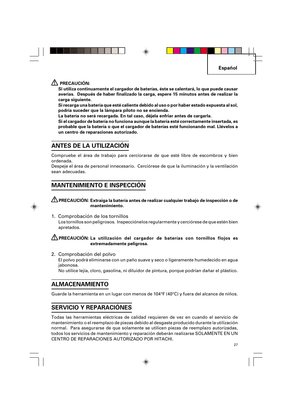 Antes de la utilización, Mantenimiento e inspección, Almacenamiento | Servicio y reparaciónes | Honeywell UC 14SD User Manual | Page 27 / 32