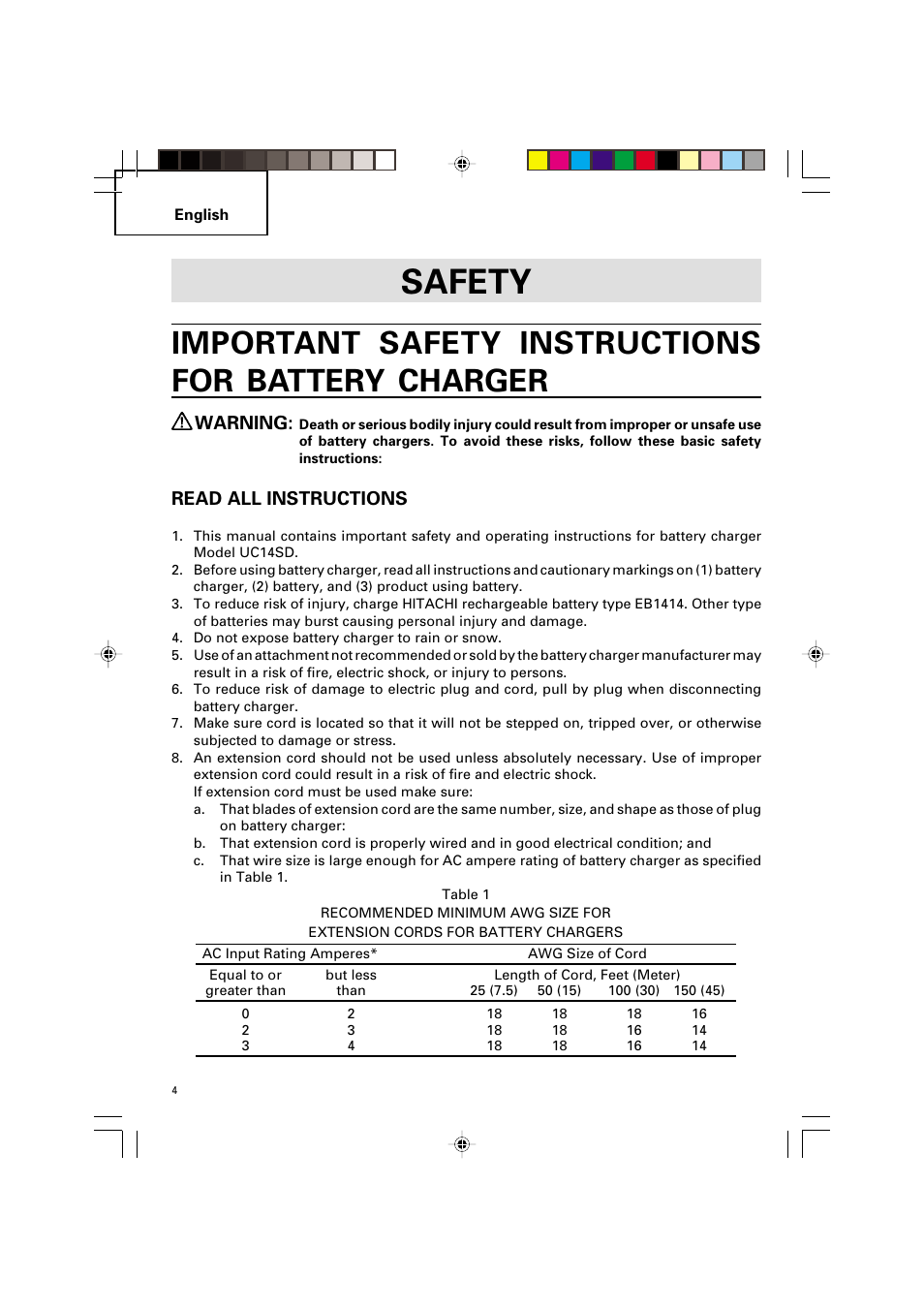 Safety, Important safety instructions for battery charger, Warning | Read all instructions | Honeywell UC 14SD User Manual | Page 4 / 32