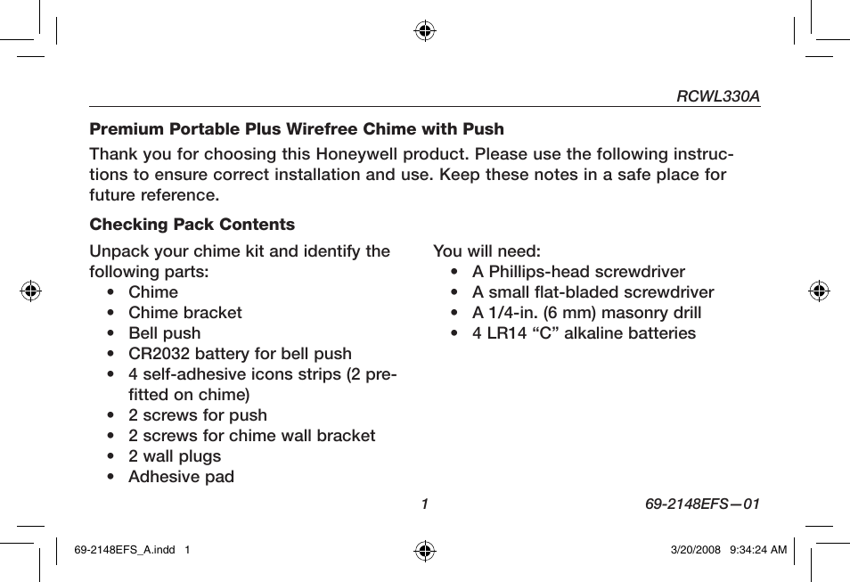 Honeywell RCWL330A User Manual | Page 3 / 60