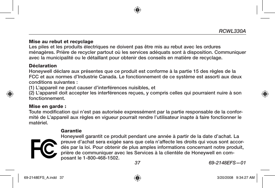 Honeywell RCWL330A User Manual | Page 39 / 60
