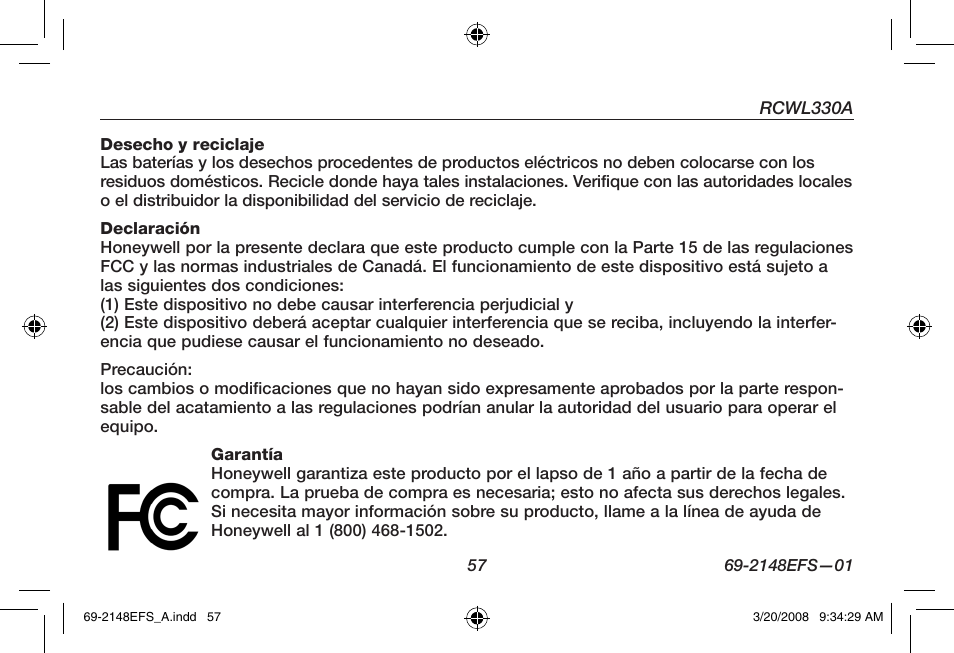 Honeywell RCWL330A User Manual | Page 59 / 60