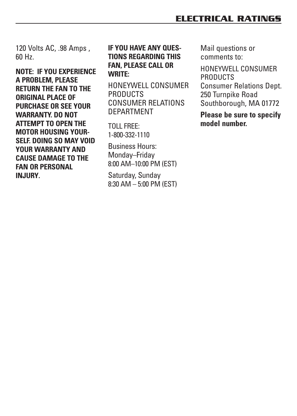 Electrical ratings | Honeywell HF-810 User Manual | Page 4 / 6
