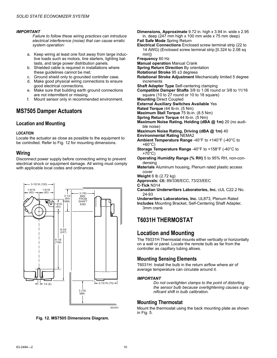 Ms7505 damper actuators, T6031h thermostat, Location and mounting | T6031h thermostat location and mounting, Wiring, Mounting sensing elements, Mounting thermostat | Honeywell M8405 User Manual | Page 10 / 32