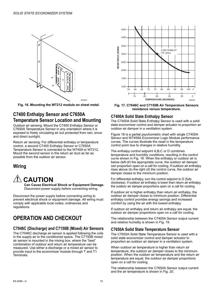 Wiring, Operation and checkout, Caution | C7400a solid state enthalpy sensor, C7650a solid state temperature sensor | Honeywell M8405 User Manual | Page 12 / 32