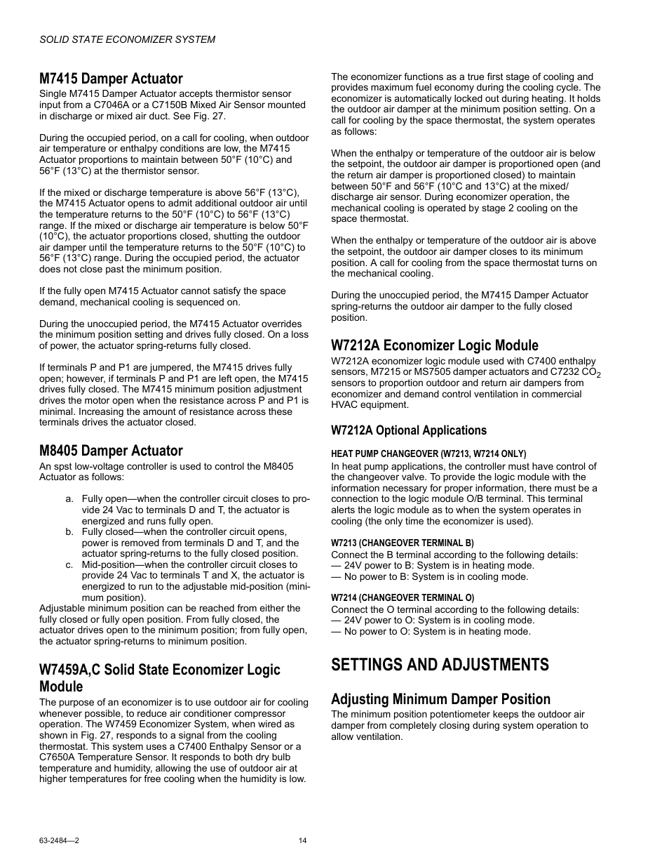 M7415 damper actuator, M8405 damper actuator, W7459a,c solid state economizer logic module | W7212a economizer logic module, Settings and adjustments, Adjusting minimum damper position, W7212a optional applications | Honeywell M8405 User Manual | Page 14 / 32