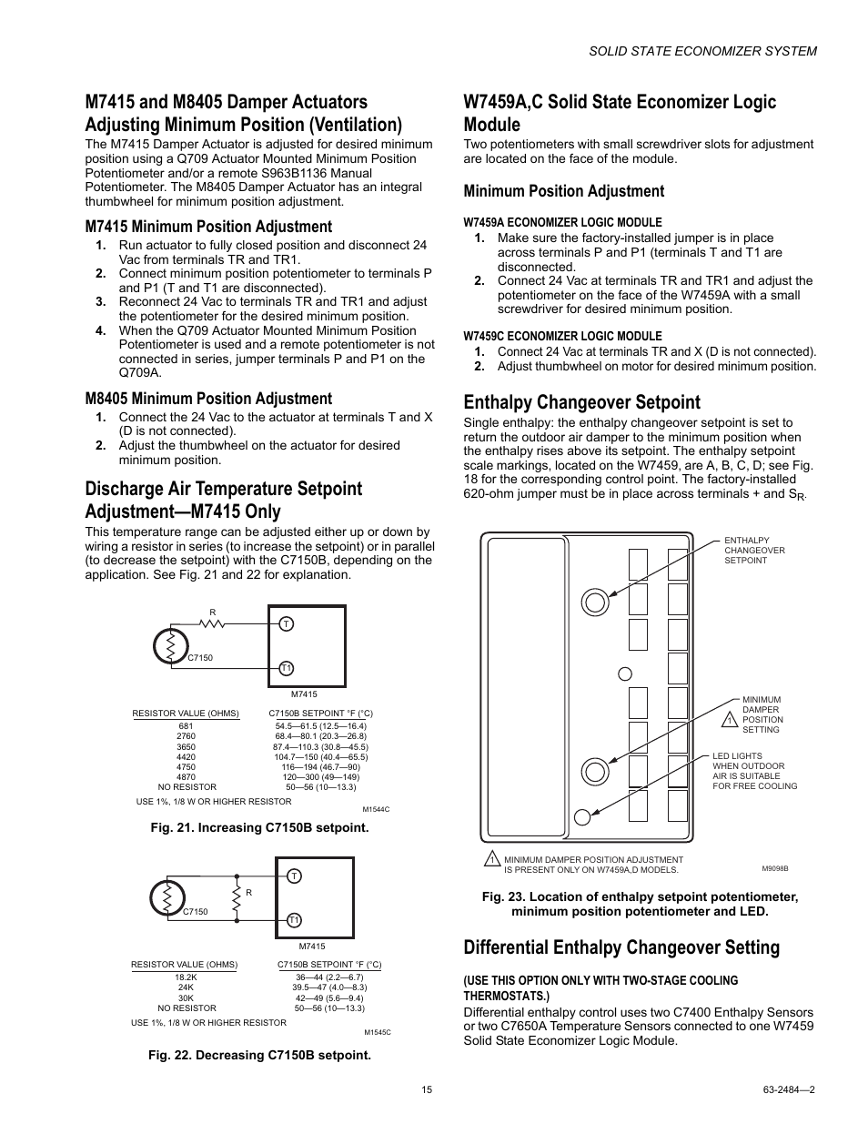 W7459a,c solid state economizer logic module, Enthalpy changeover setpoint, Differential enthalpy changeover setting | M7415 minimum position adjustment, M8405 minimum position adjustment, Minimum position adjustment | Honeywell M8405 User Manual | Page 15 / 32