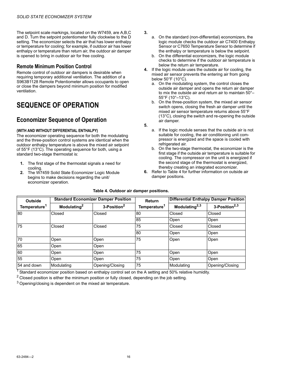 Sequence of operation, Economizer sequence of operation, Peration | Remote minimum position control | Honeywell M8405 User Manual | Page 16 / 32