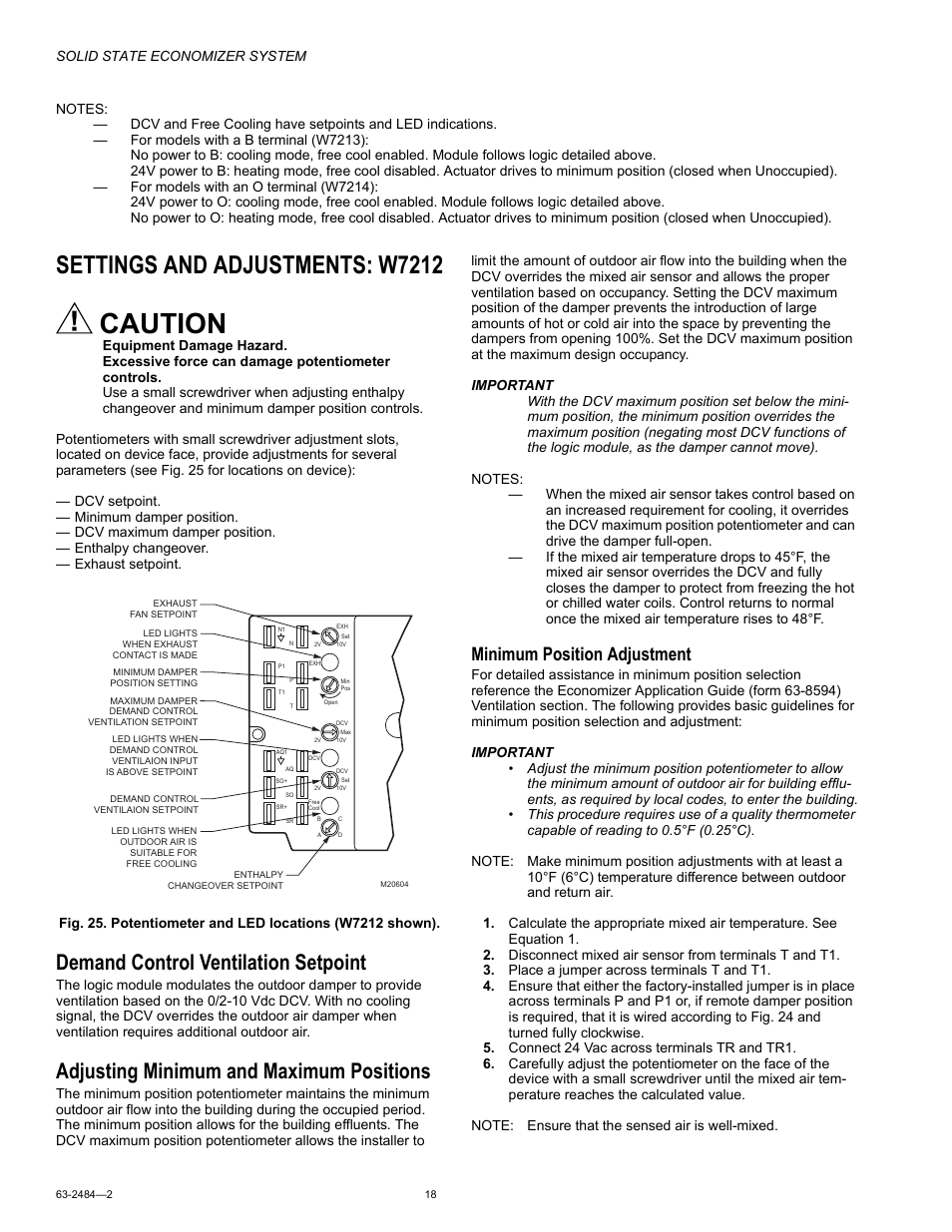 Settings and adjustments: w7212, Demand control ventilation setpoint, Adjusting minimum and maximum positions | Caution, Minimum position adjustment | Honeywell M8405 User Manual | Page 18 / 32