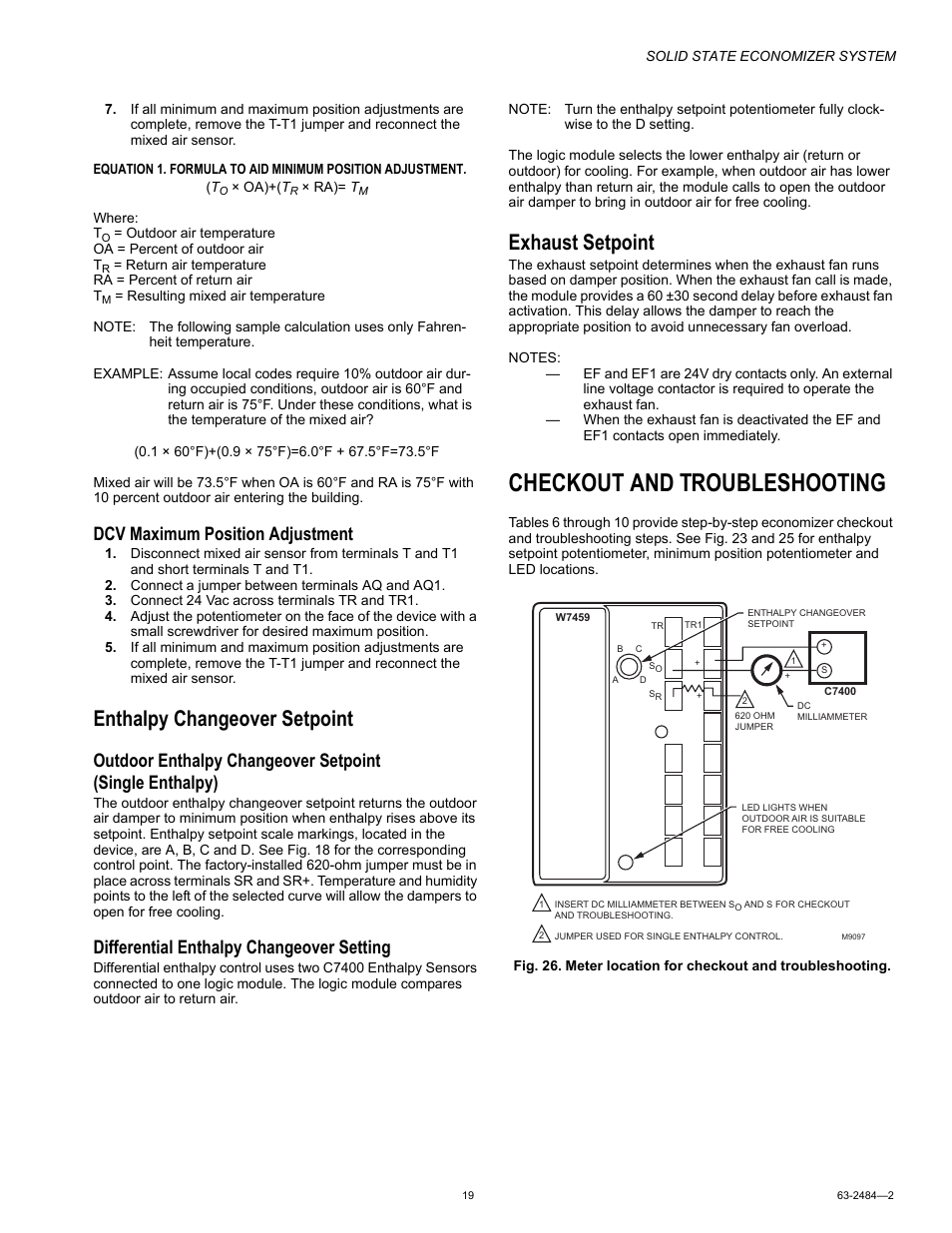 Enthalpy changeover setpoint, Exhaust setpoint, Checkout and troubleshooting | Dcv maximum position adjustment, Differential enthalpy changeover setting | Honeywell M8405 User Manual | Page 19 / 32