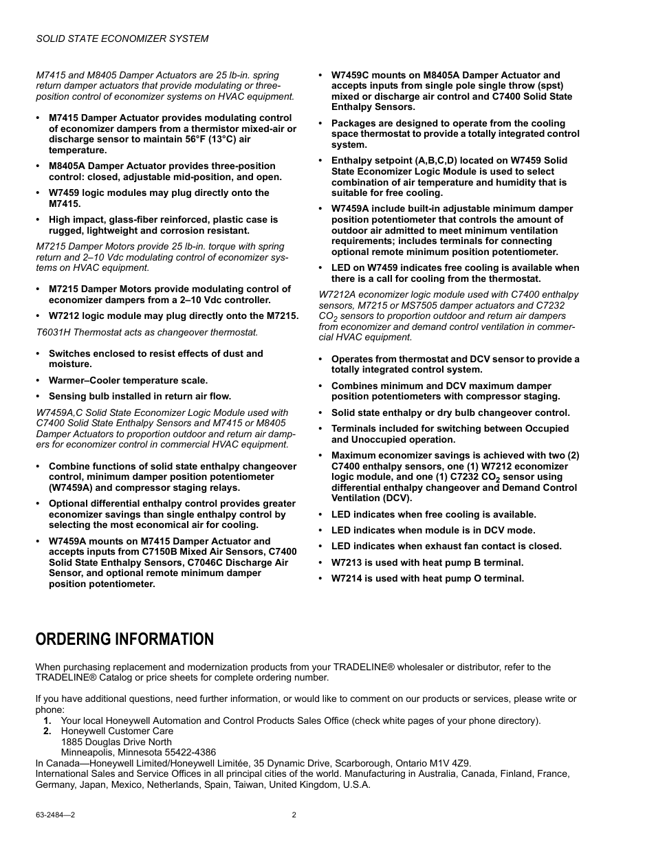 Ordering information | Honeywell M8405 User Manual | Page 2 / 32