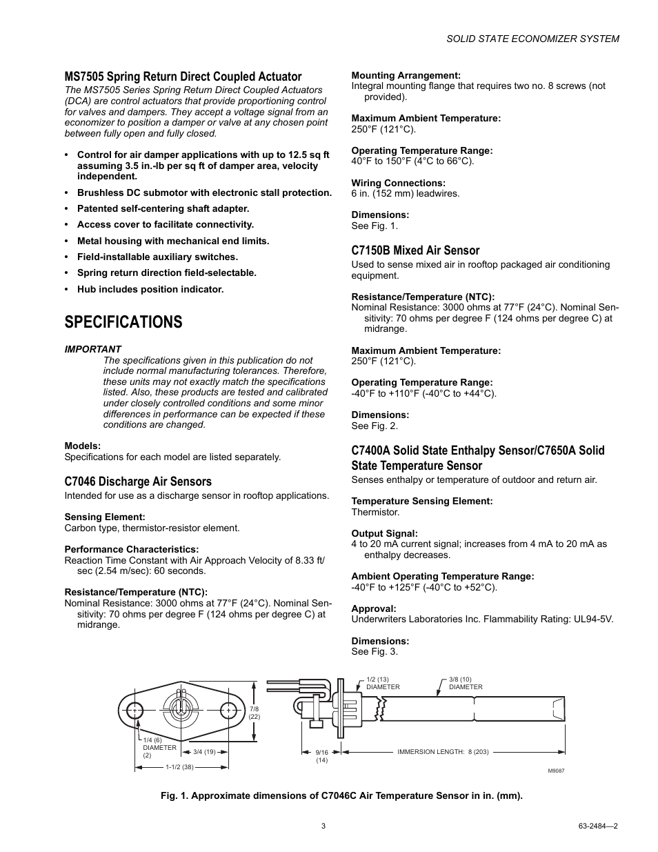 Specifications, Ms7505 spring return direct coupled actuator, C7046 discharge air sensors | C7150b mixed air sensor | Honeywell M8405 User Manual | Page 3 / 32