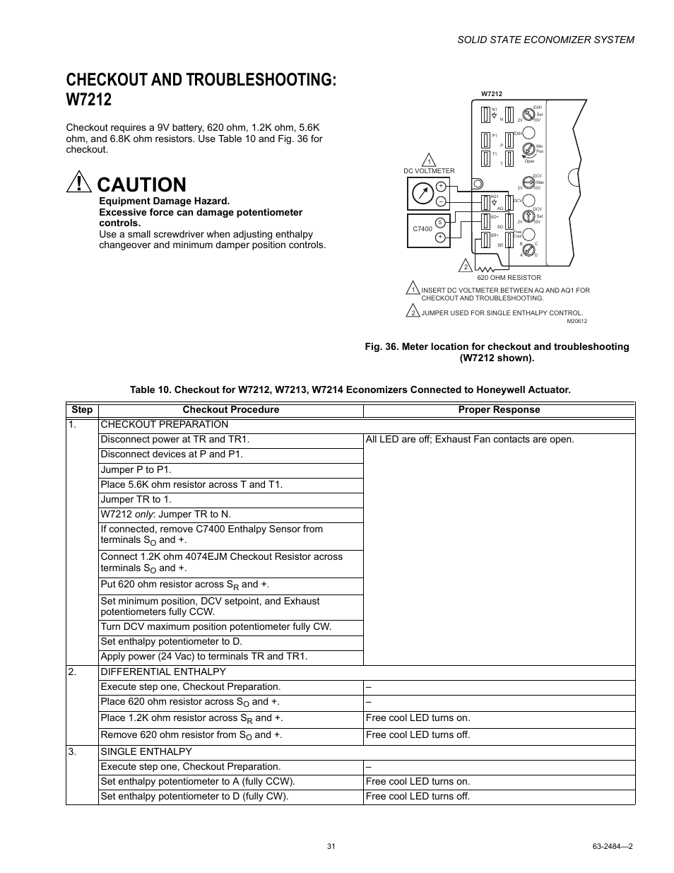 Checkout and troubleshooting: w7212, Caution | Honeywell M8405 User Manual | Page 31 / 32