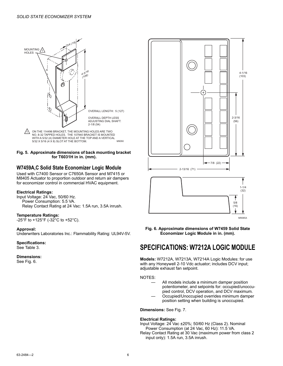 Specifications: w7212a logic module, W7459a,c solid state economizer logic module | Honeywell M8405 User Manual | Page 6 / 32