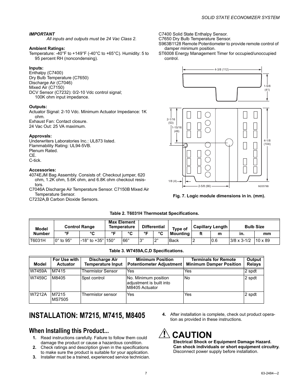 Installation: m7215, m7415, m8405, When installing this product, Caution | Honeywell M8405 User Manual | Page 7 / 32