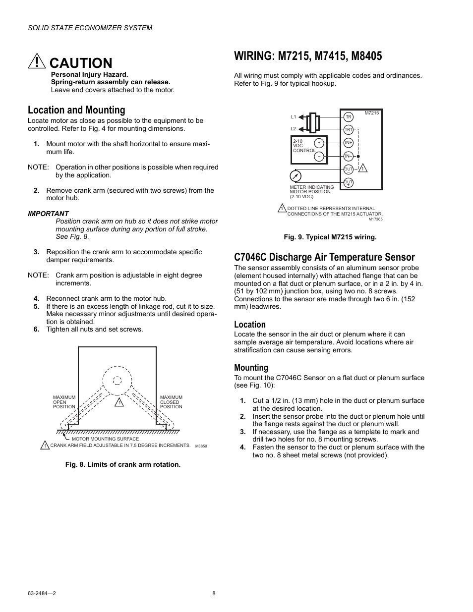 Location and mounting, Wiring: m7215, m7415, m8405, C7046c discharge air temperature sensor | Caution, Location, Mounting | Honeywell M8405 User Manual | Page 8 / 32