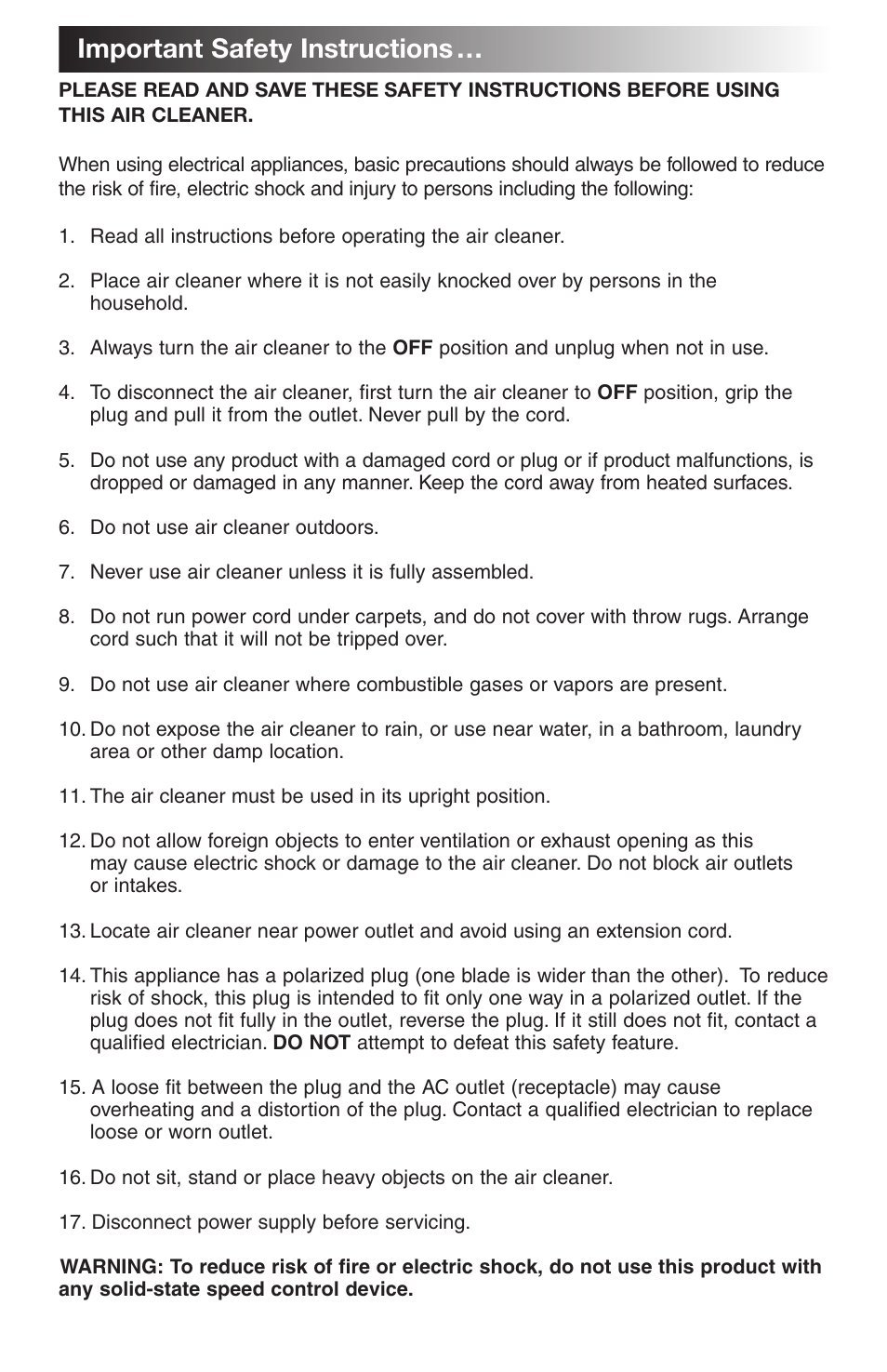 Important safety instructions | Honeywell 18150 User Manual | Page 2 / 7