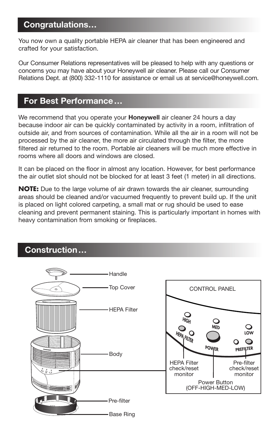 For best performance, Construction | Honeywell 18150 User Manual | Page 3 / 7