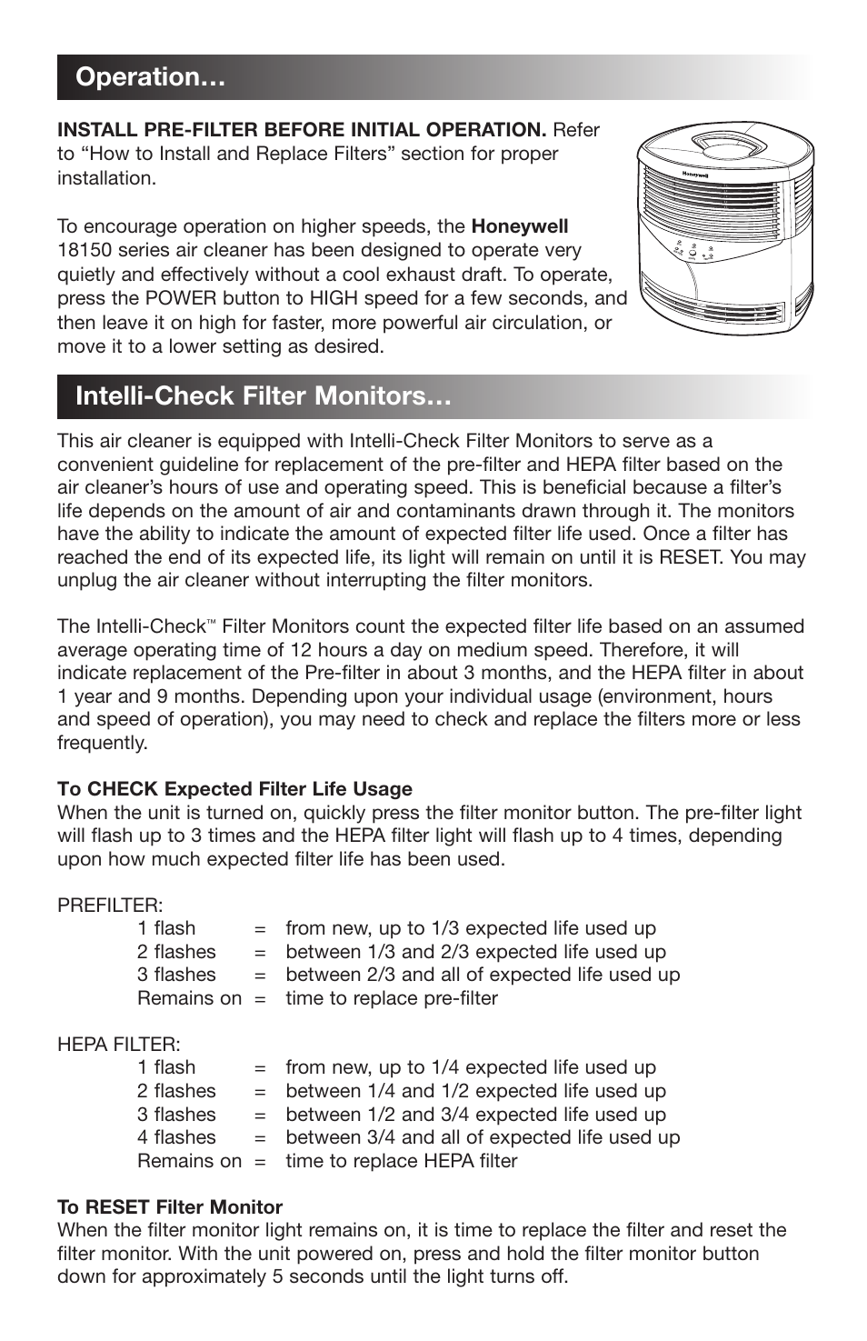 Operation… intelli-check filter monitors | Honeywell 18150 User Manual | Page 4 / 7