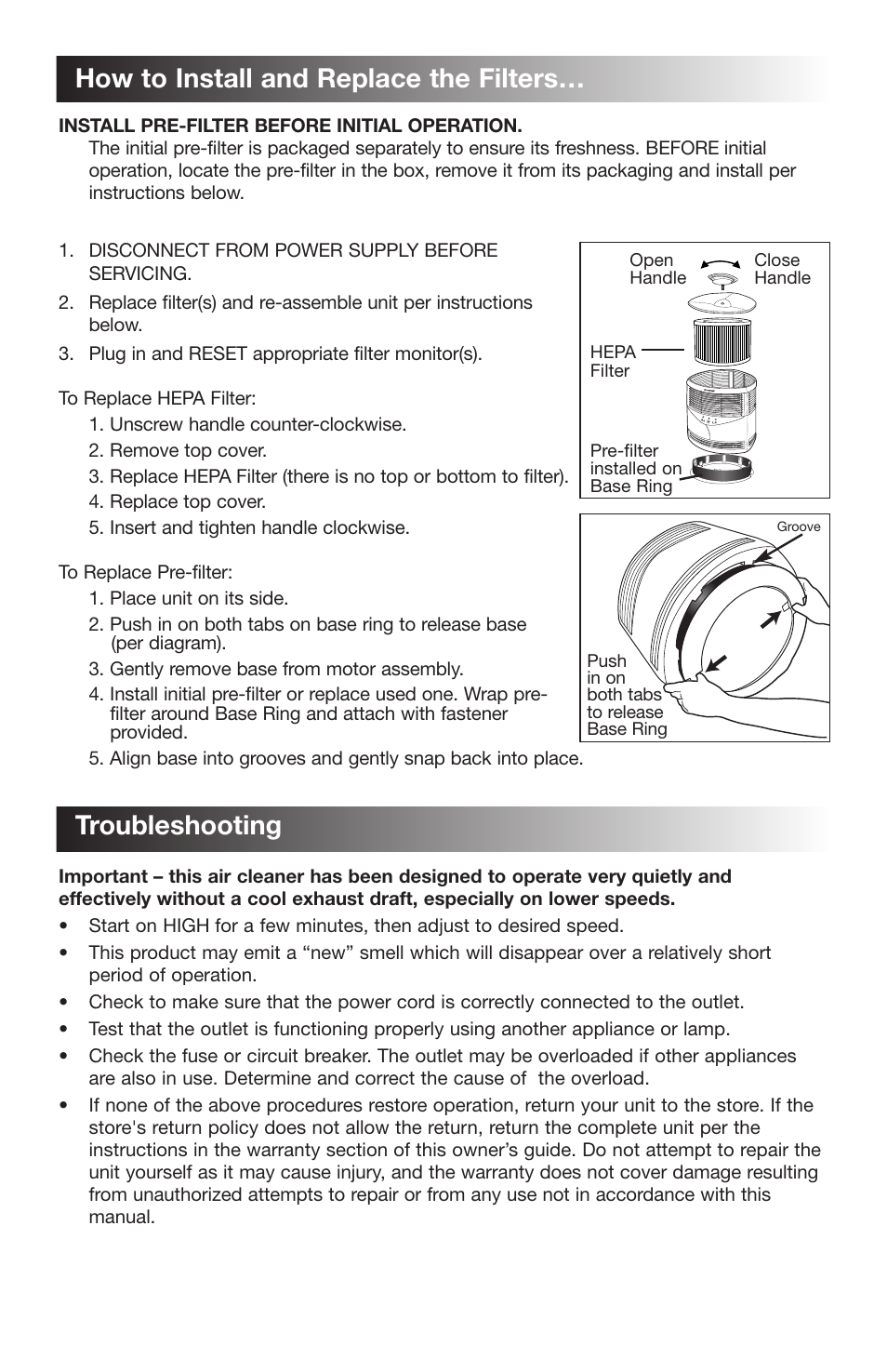 Troubleshooting, How to install and replace the filters | Honeywell 18150 User Manual | Page 6 / 7