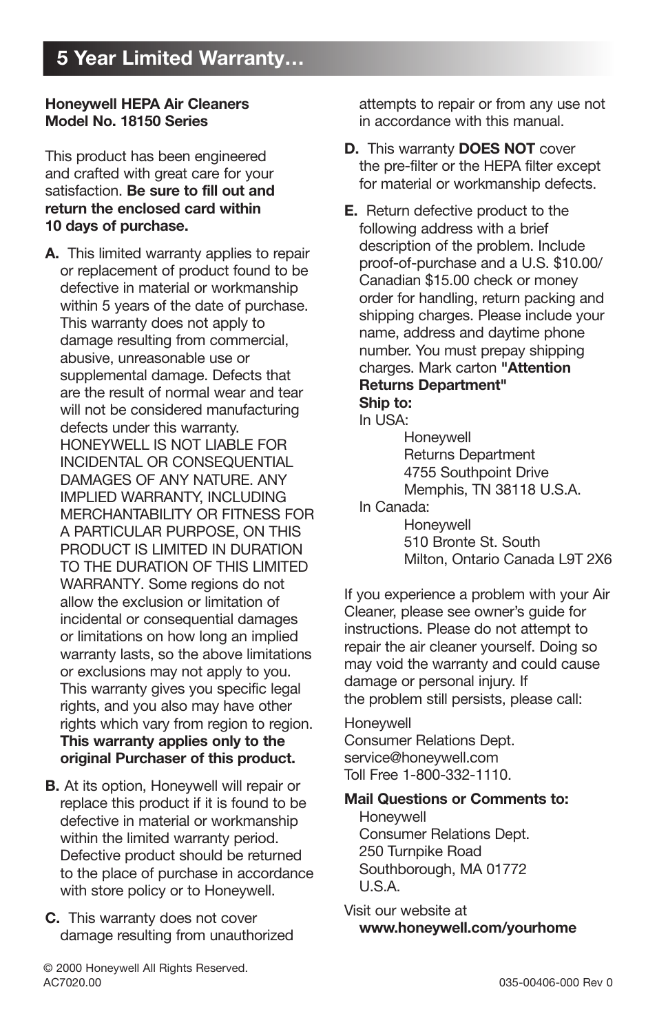 5 year limited warranty | Honeywell 18150 User Manual | Page 7 / 7