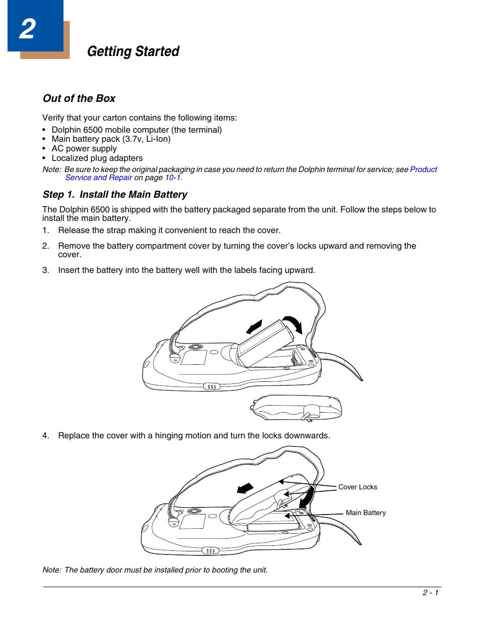 Getting started, Out of the box, Chapter 2 - getting started | Out of the box -1 | Honeywell DOLPHIN 6500 User Manual | Page 11 / 76