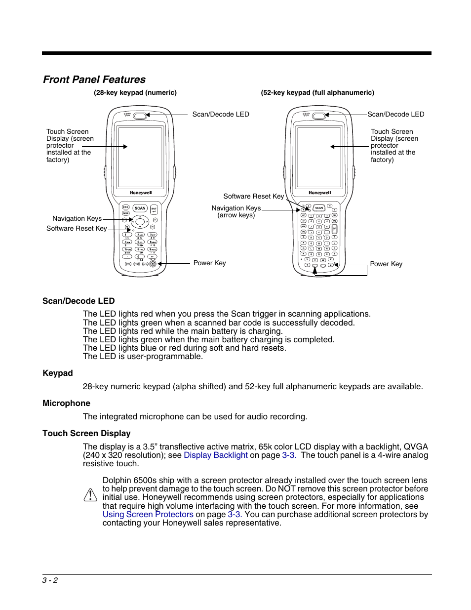 Front panel features, Front panel features -2, For more information about the touch screen, see | Touch screen display | Honeywell DOLPHIN 6500 User Manual | Page 18 / 76